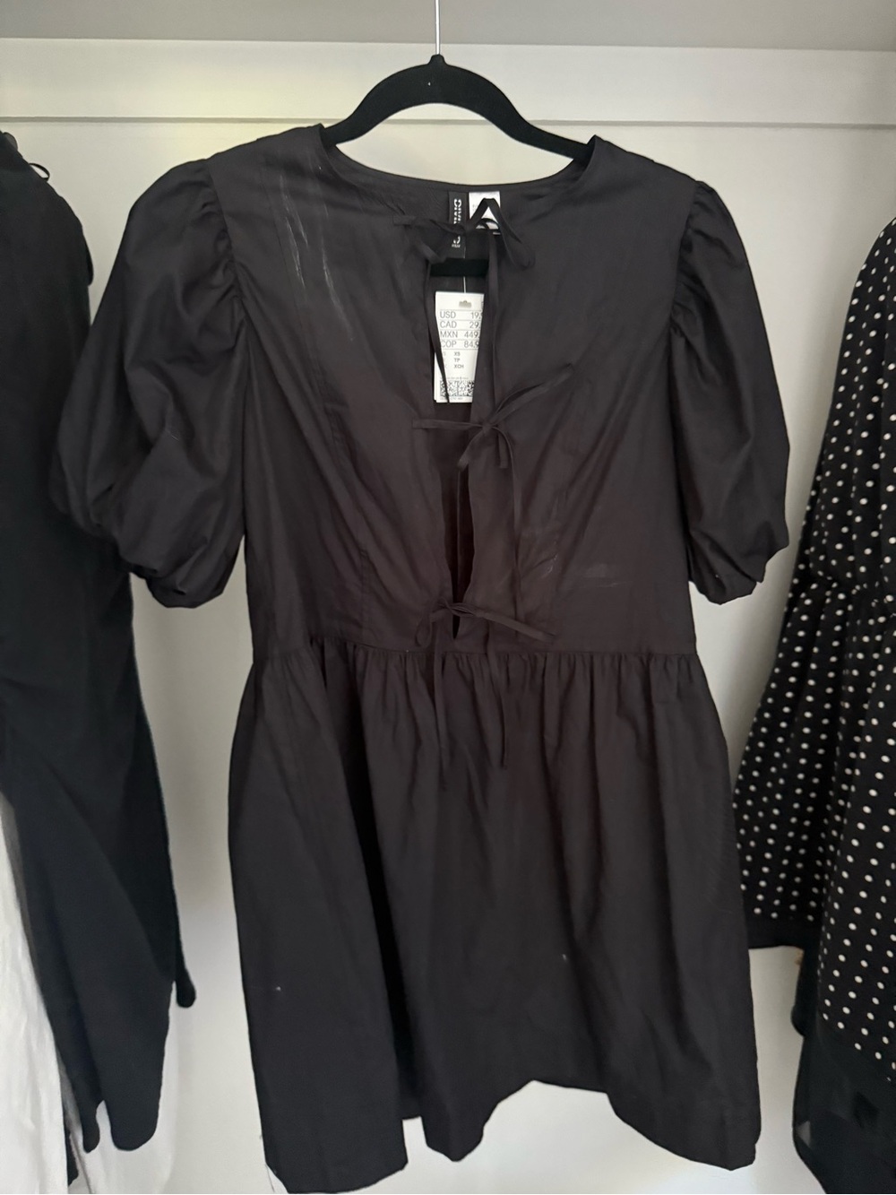 H&M Black Puff Sleeve Tie-Front Mini Dress